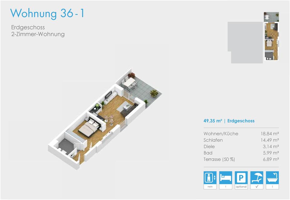 Schlafen 14,49 m² Diele 3,14 m² Bad 5,99