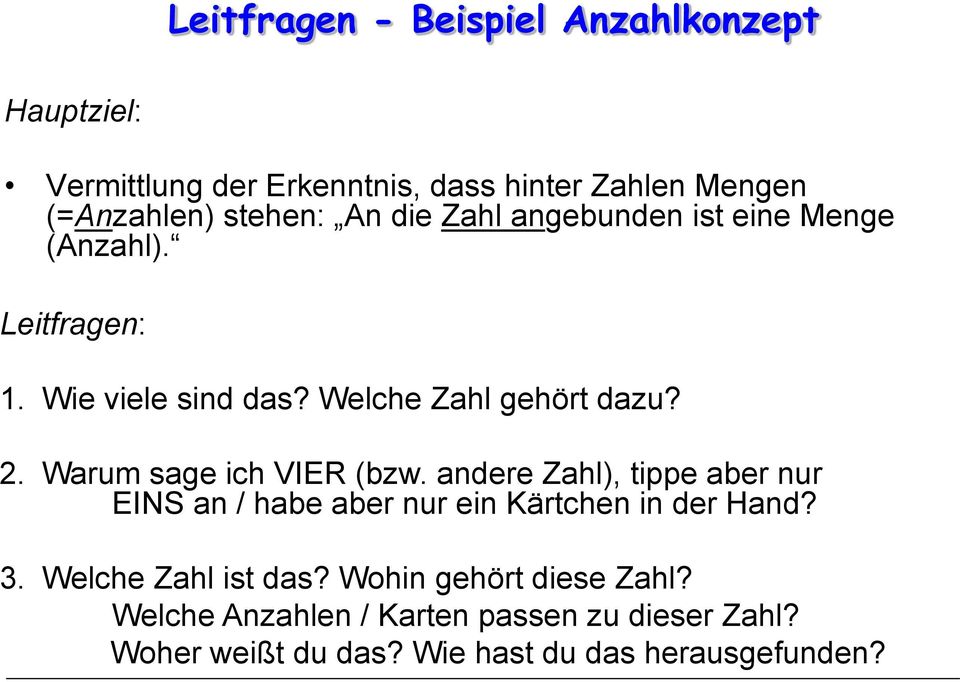 Warum sage ich VIER (bzw. andere Zahl), tippe aber nur EINS an / habe aber nur ein Kärtchen in der Hand? 3.