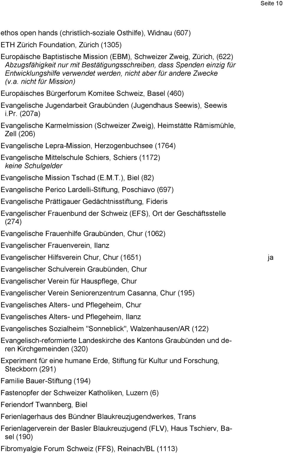 pr. (207a) Evangelische Karmelmission (Schweizer Zweig), Heimstätte Rämismühle, Zell (206) Evangelische Lepra-Mission, Herzogenbuchsee (1764) Evangelische Mittelschule Schiers, Schiers (1172) keine