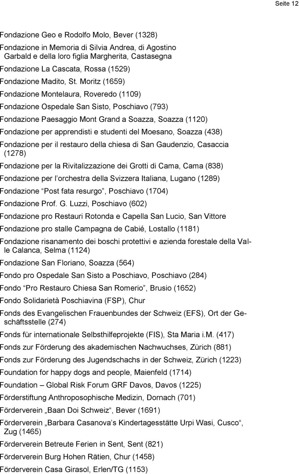 Moritz (1659) Fondazione Montelaura, Roveredo (1109) Fondazione Ospedale San Sisto, Poschiavo (793) Fondazione Paesaggio Mont Grand a Soazza, Soazza (1120) Fondazione per apprendisti e studenti del