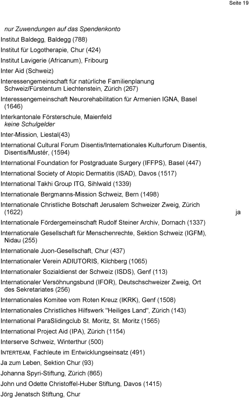 Schulgelder Inter-Mission, Liestal(43) International Cultural Forum Disentis/Internationales Kulturforum Disentis, Disentis/Mustér, (1594) International Foundation for Postgraduate Surgery (IFFPS),