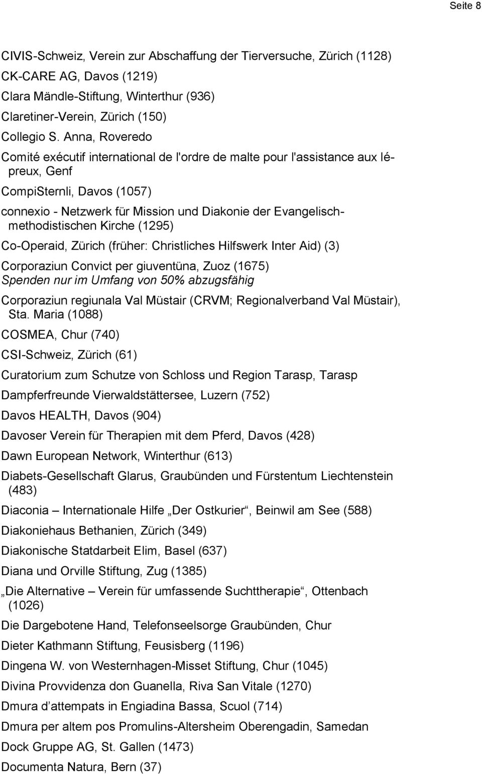 Evangelischmethodistischen Kirche (1295) Co-Operaid, Zürich (früher: Christliches Hilfswerk Inter Aid) (3) Corporaziun Convict per giuventüna, Zuoz (1675) Spenden nur im Umfang von 50% abzugsfähig
