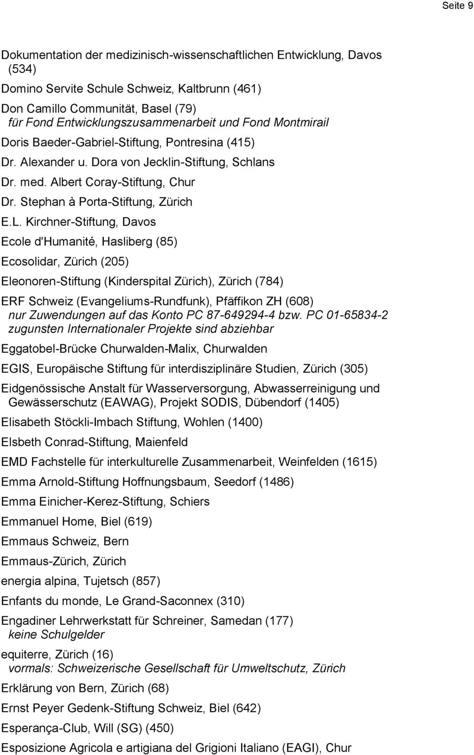 Kirchner-Stiftung, Davos Ecole d'humanité, Hasliberg (85) Ecosolidar, Zürich (205) Eleonoren-Stiftung (Kinderspital Zürich), Zürich (784) ERF Schweiz (Evangeliums-Rundfunk), Pfäffikon ZH (608) nur