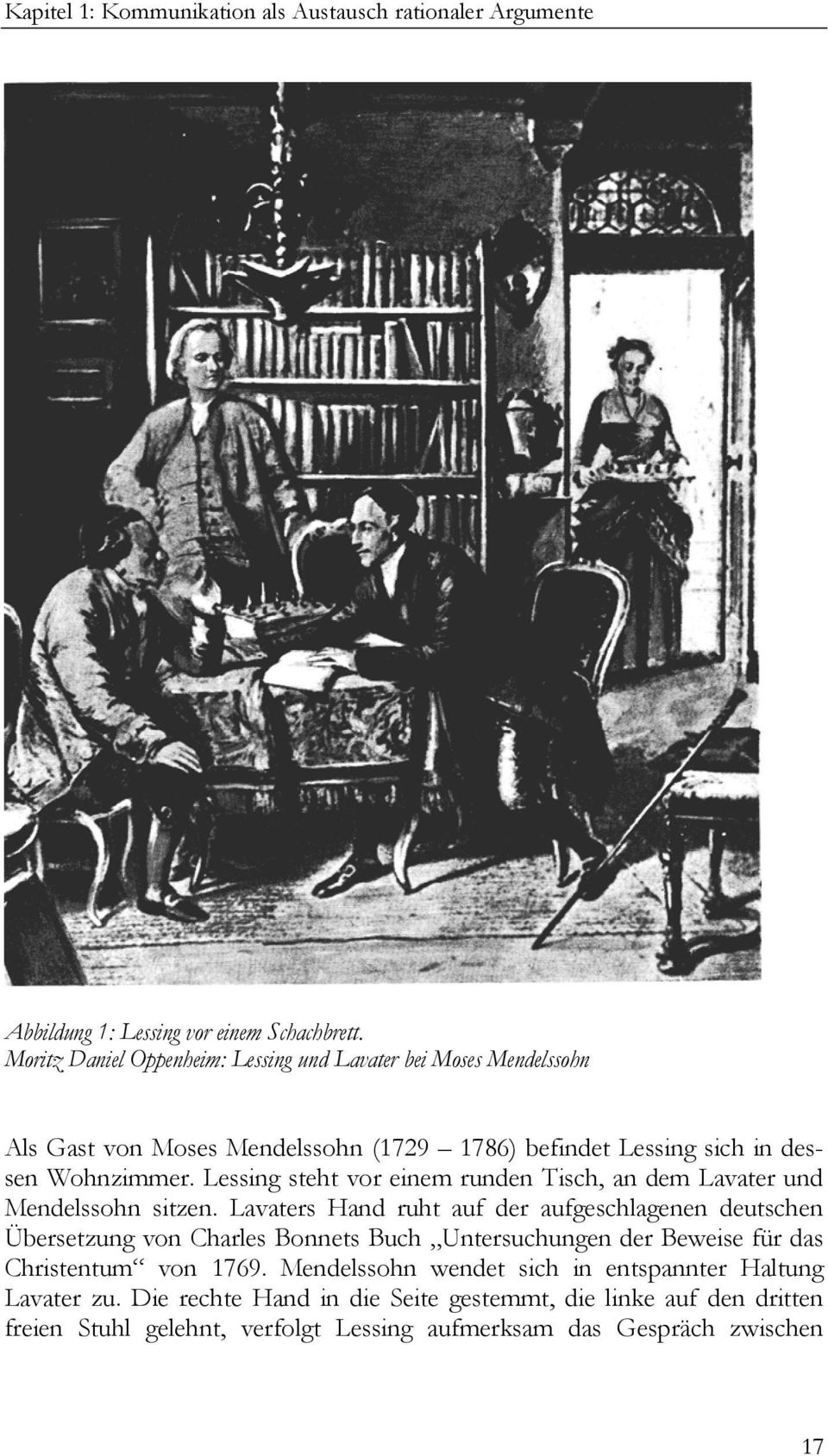 Lessing steht vor einem runden Tisch, an dem Lavater und Mendelssohn sitzen.