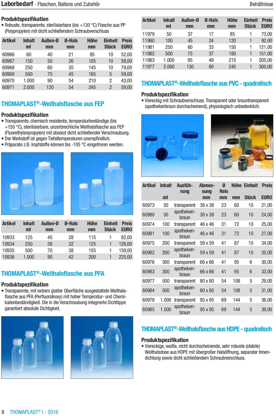 000 120 54 245 2 59,00 THOMAPLAST -Weithalsflasche aus FEP Transparente, chemisch resistente, temperaturbeständige (bis +150 C), sterilisierbare, unzerbrechliche Weithalsflasche aus FEP