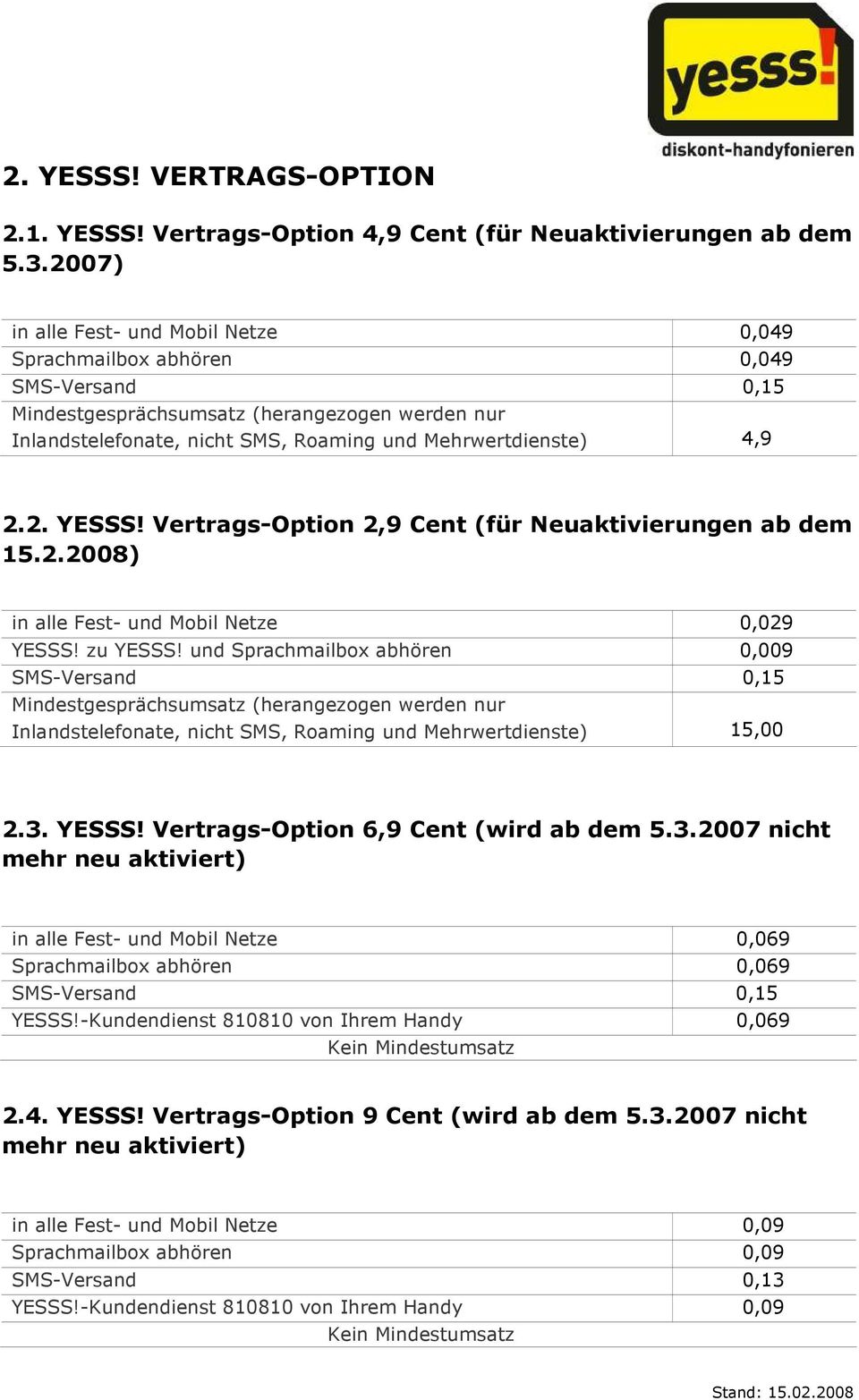2. YESSS! Vertrags-Option 2,9 Cent (für Neuaktivierungen ab dem 15.2.2008) in alle Fest- und Mobil Netze 0,029 YESSS! zu YESSS!