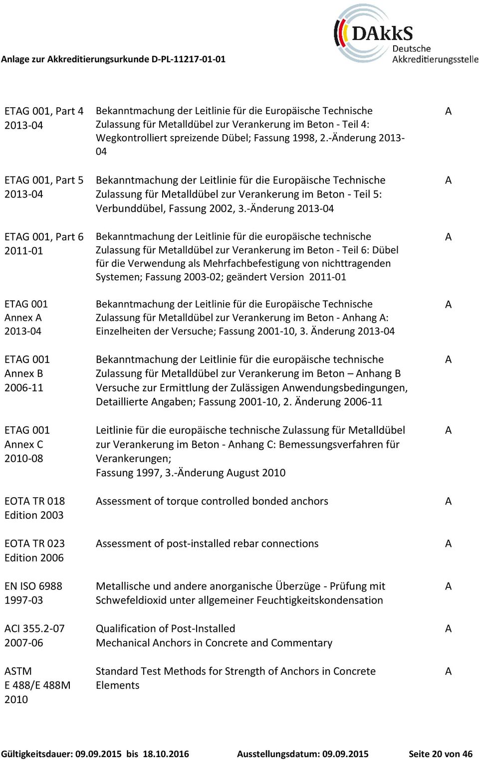 2-07 2007-06 STM E 488/E 488M 2010 ekanntmachung der Leitlinie für die Europäische Technische Zulassung für Metalldübel zur Verankerung im eton - Teil 4: Wegkontrolliert spreizende Dübel; Fassung