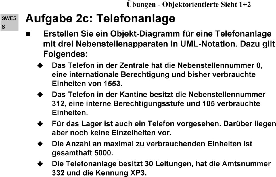 Das Telefon in der Kantine besitzt die Nebenstellennummer 312, eine interne Berechtigungsstufe und 105 verbrauchte Einheiten.