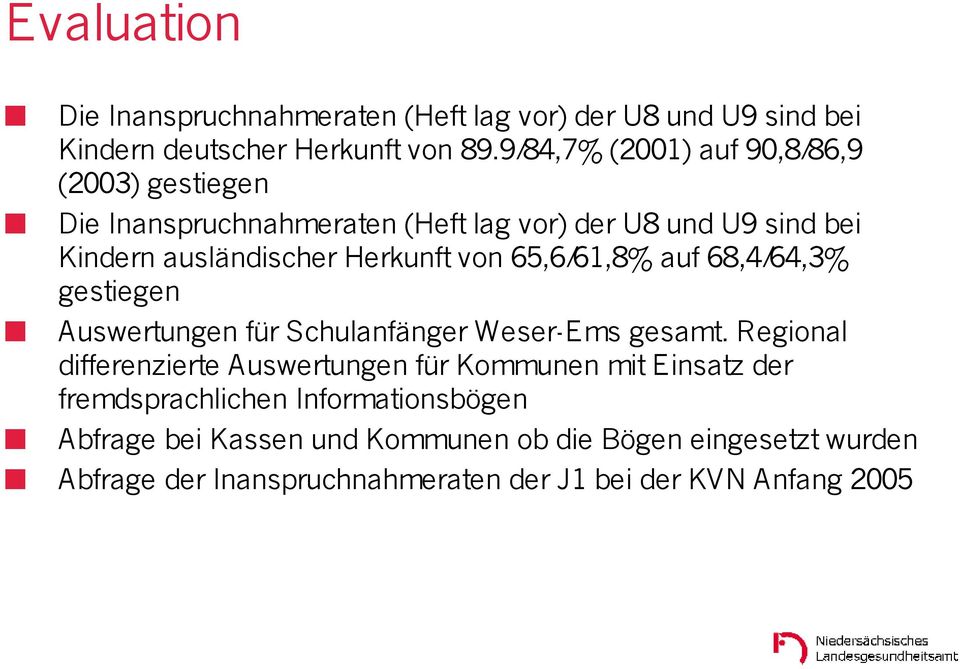von 65,6/61,8% auf 68,4/64,3% gestiegen Auswertungen für Schulanfänger Weser-Ems gesamt.