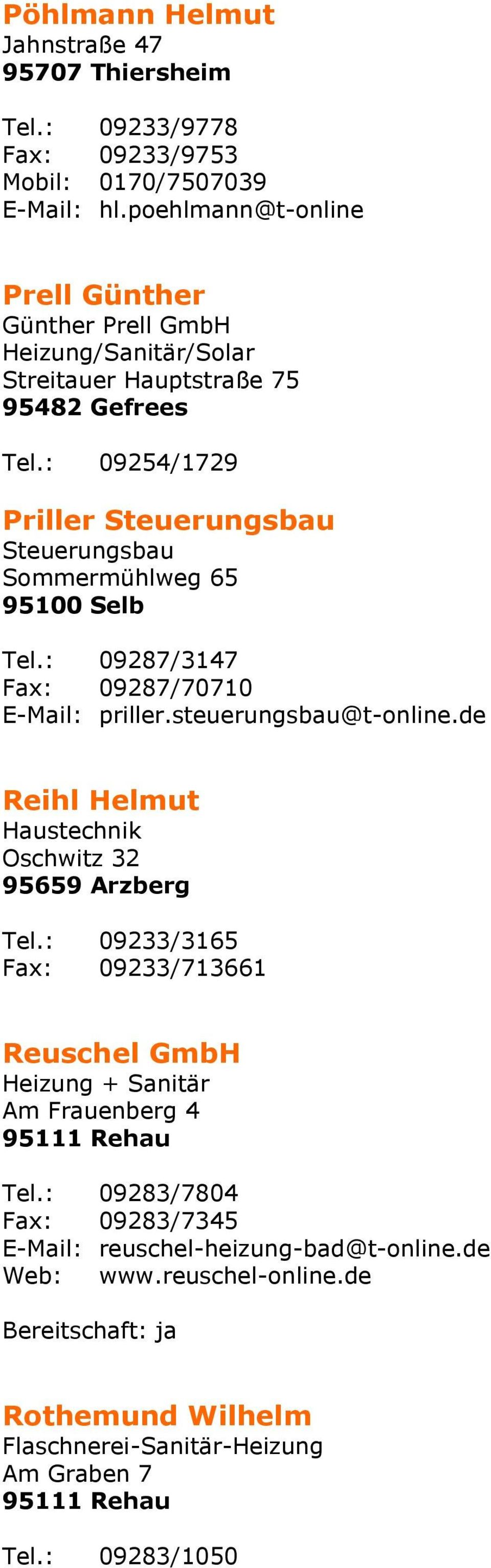 : 09254/1729 Priller Steuerungsbau Steuerungsbau Sommermühlweg 65 Tel.: 09287/3147 Fax: 09287/70710 E-Mail: priller.steuerungsbau@t-online.