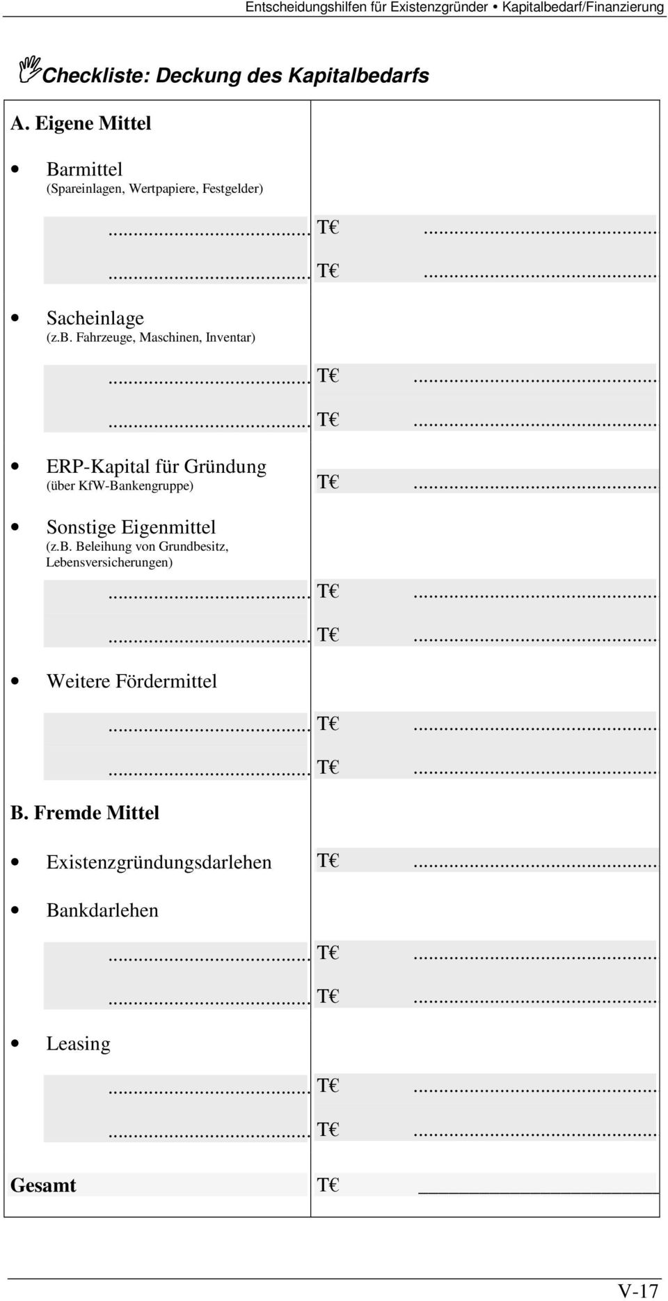 Fahrzeuge, Maschinen, Inventar) ERP-Kapital für Gründung (über KfW-Bankengruppe) T.