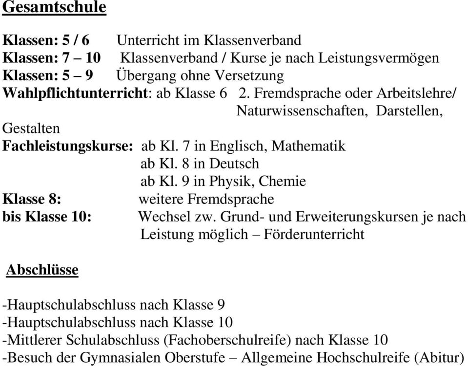 8 in Deutsch ab Kl. 9 in Physik, Chemie Klasse 8: weitere Fremdsprache bis Klasse 10: Wechsel zw.