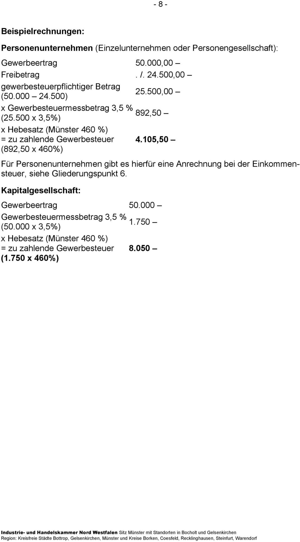 500 x 3,5%) x Hebesatz (Münster 460 %) = zu zahlende Gewerbesteuer 4.