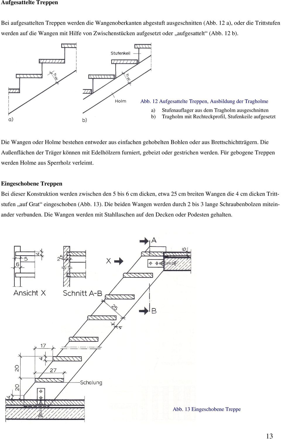 12 Aufgesattelte Treppen, Ausbildung der Tragholme a) Stufenauflager aus dem Tragholm ausgeschnitten b) Tragholm mit Rechteckprofil, Stufenkeile aufgesetzt Die Wangen oder Holme bestehen entweder aus