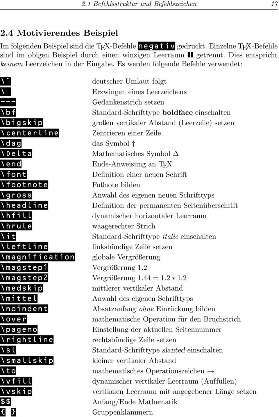 Es werden folgende Befehle verwendet: \" deutscher Umlaut folgt \ Erzwingen eines Leerzeichens --- Gedankenstrich setzen \bf Standard-Schrifttype boldface einschalten \bigskip großen vertikaler