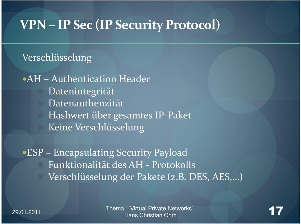 IP-Paket Keine Verschlüsselung ESP Encapsulating Security Payload