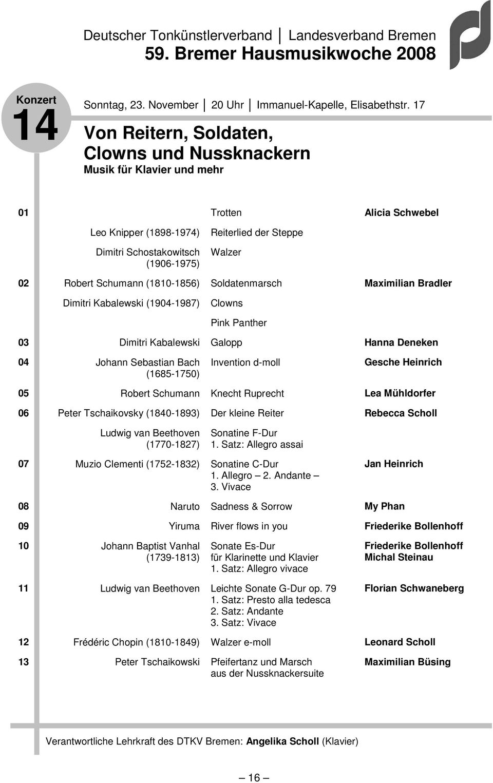 Robert Schumann (1810-1856) Soldatenmarsch Maximilian Bradler Dimitri Kabalewski (1904-1987) Clowns Pink Panther 03 Dimitri Kabalewski Galopp Hanna Deneken 04 Johann Sebastian Bach (1685-1750)