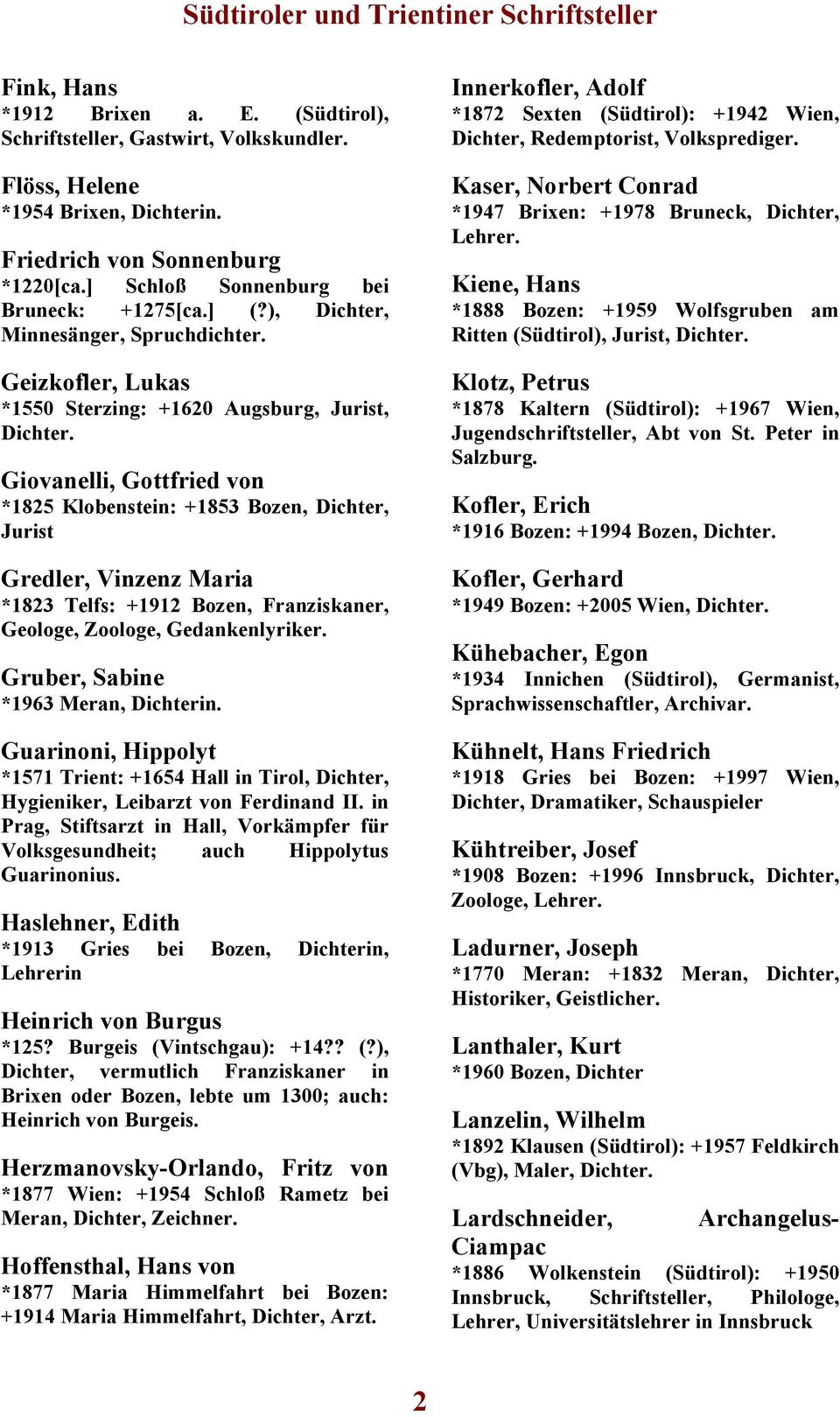 Giovanelli, Gottfried von *1825 Klobenstein: +1853 Bozen, Dichter, Jurist Gredler, Vinzenz Maria *1823 Telfs: +1912 Bozen, Franziskaner, Geologe, Zoologe, Gedankenlyriker.
