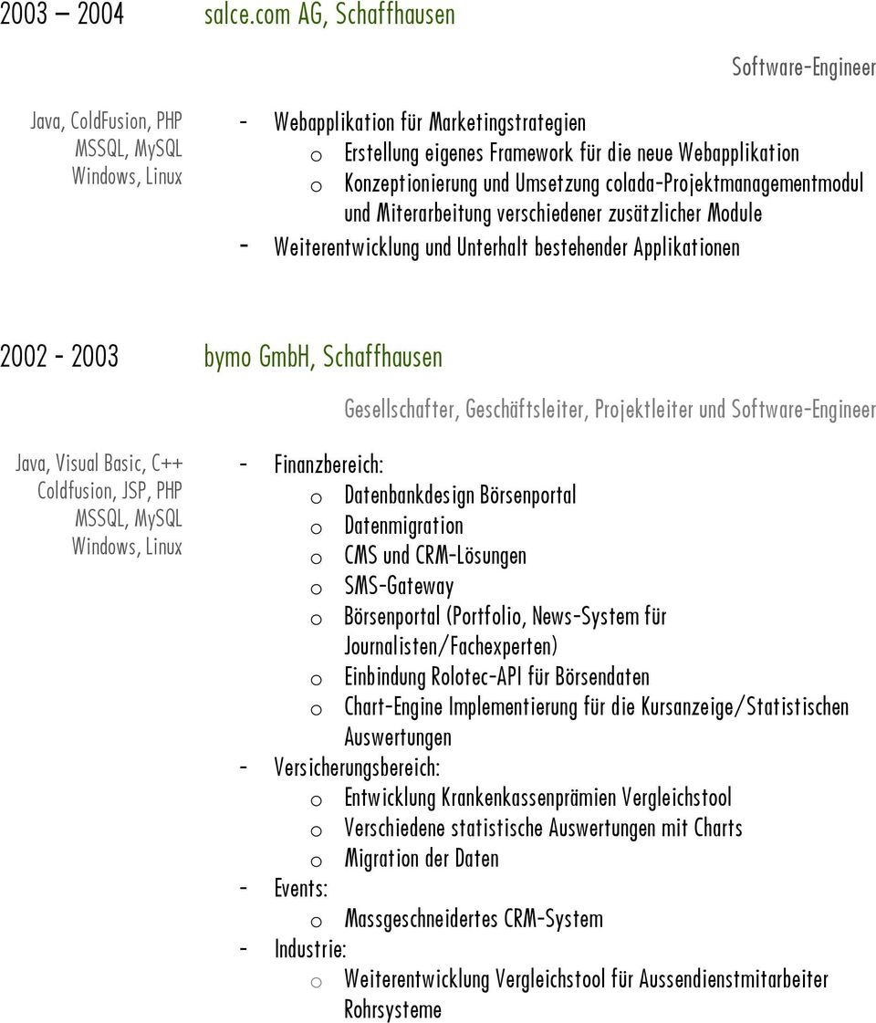 colada-projektmanagementmodul und Miterarbeitung verschiedener zusätzlicher Module - Weiterentwicklung und Unterhalt bestehender Applikationen 2002-2003 bymo GmbH, Schaffhausen Gesellschafter,