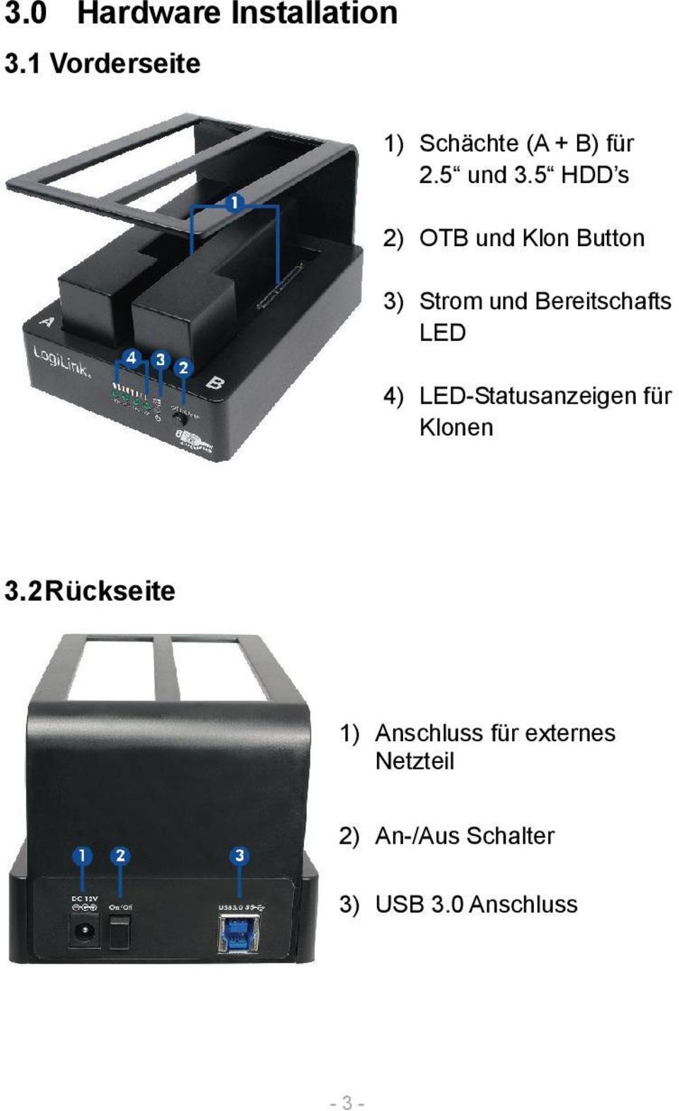 5 HDD s 2) OTB und Klon Button 3) Strom und Bereitschafts LED 4)