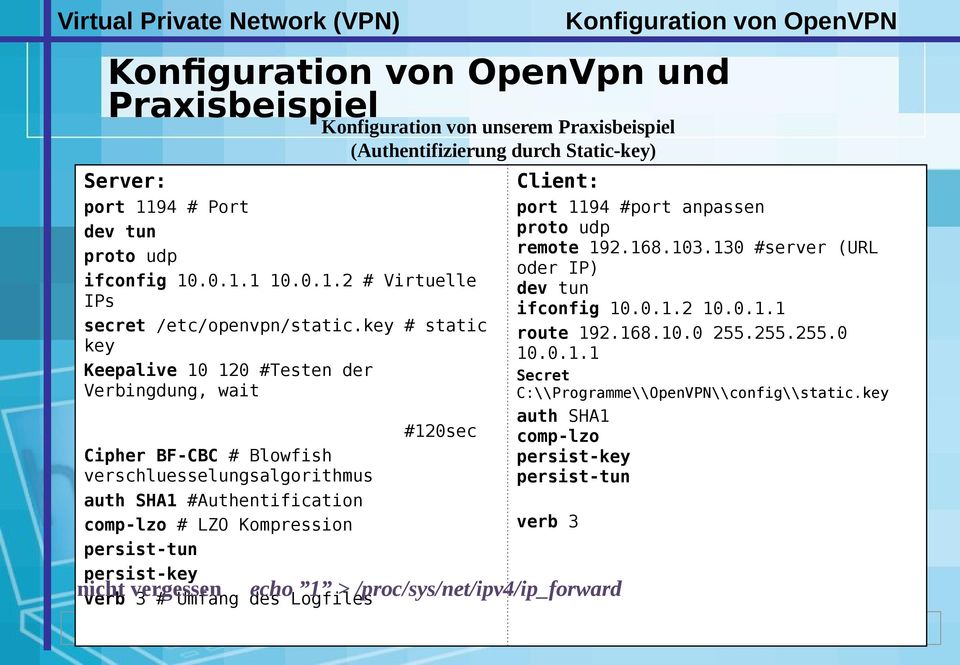 persist-key verb 3 # Umfang des Logfiles nicht vergessen Konfiguration von unserem (Authentifizierung durch Static-key) #120sec Konfiguration von OpenVPN Client: port 1194 #port anpassen