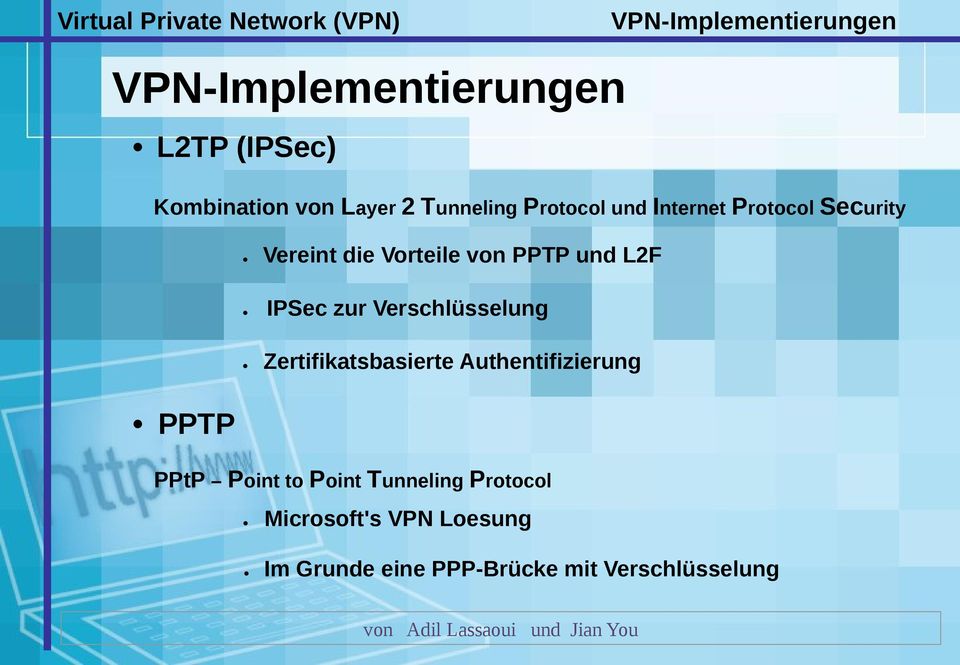 L2F IPSec zur Verschlüsselung Zertifikatsbasierte Authentifizierung PPTP PPtP Point to