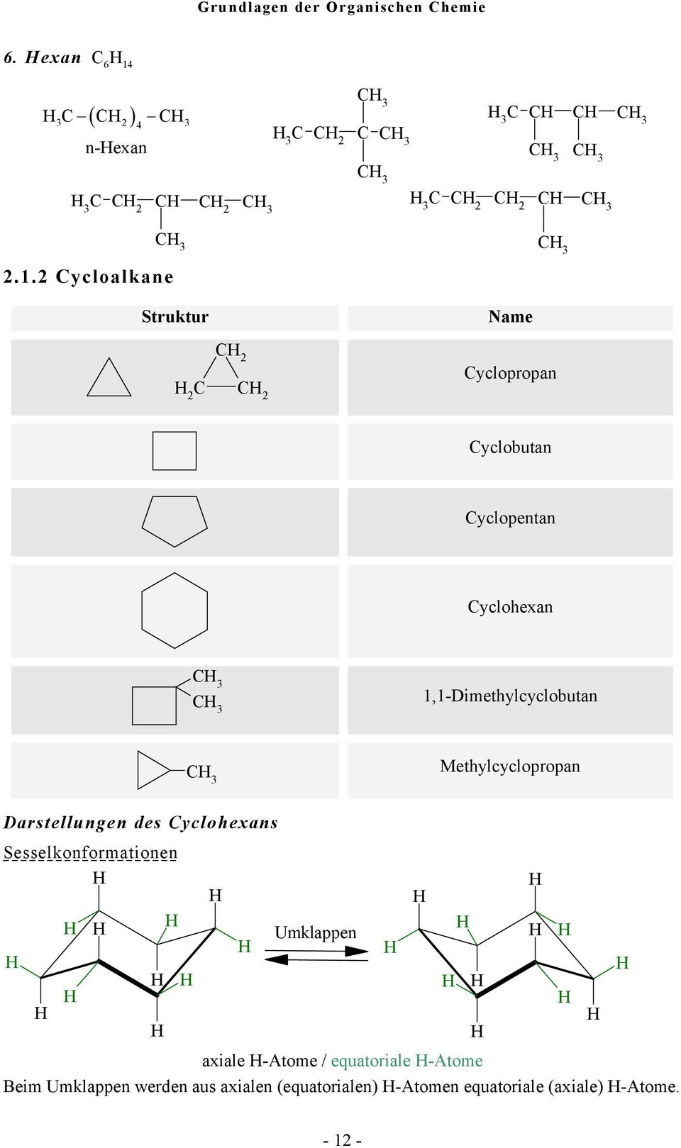 3 Methylcyclopropan Darstellungen des yclohexans Sesselkonformationen Umklappen axiale -Atome /