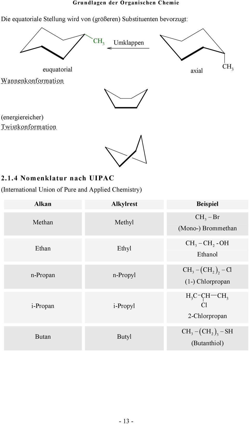 4 omenklatur nach UIPA (International Union of Pure and Applied hemistry) Alkan Alkylrest Beispiel Methan Ethan