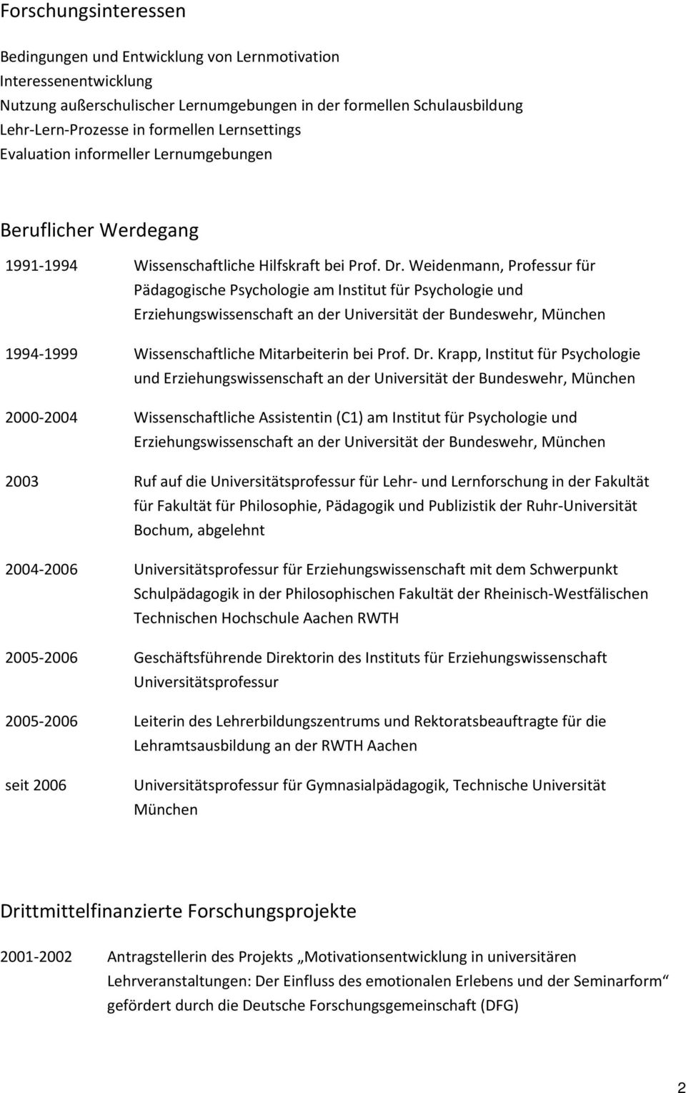 Weidenmann, Professur für Pädagogische Psychologie am Institut für Psychologie und Erziehungswissenschaft an der Universität der Bundeswehr, München 1994 1999 Wissenschaftliche Mitarbeiterin bei Prof.