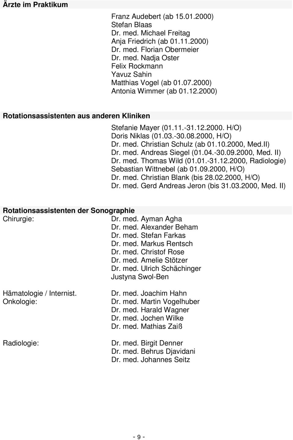 2000, Med.II) Dr. med. Andreas Siegel (01.04.-30.09.2000, Med. II) Dr. med. Thomas Wild (01.01.-31.12.2000, Radiologie) Sebastian Wittnebel (ab 01.09.2000, H/O) Dr. med. Christian Blank (bis 28.02.