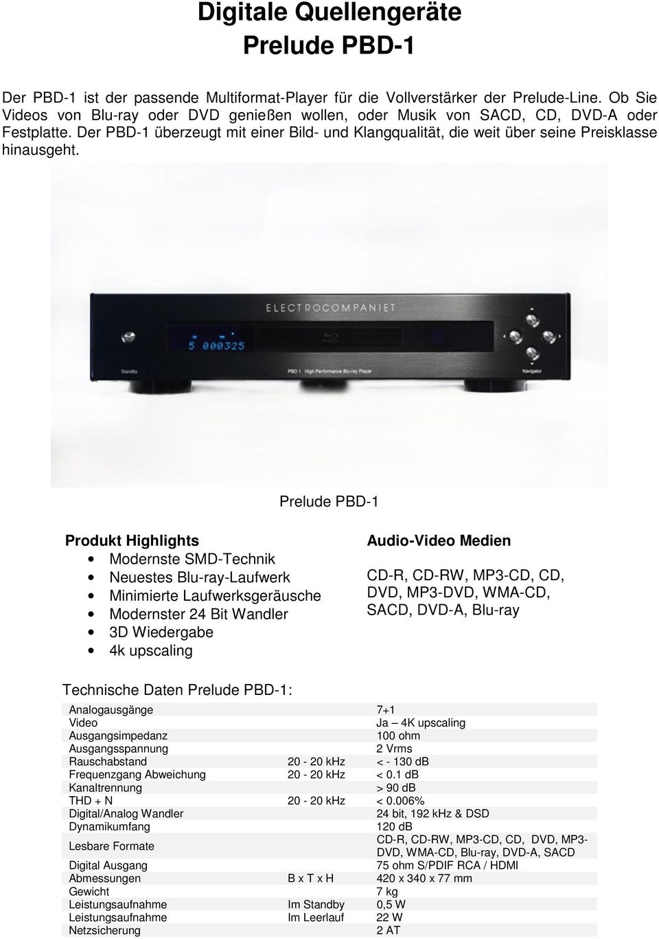 Prelude PBD-1 Produkt Highlights Modernste SMD-Technik Neuestes Blu-ray-Laufwerk Minimierte Laufwerksgeräusche Modernster 24 Bit Wandler 3D Wiedergabe 4k upscaling Audio-Video Medien CD-R, CD-RW,