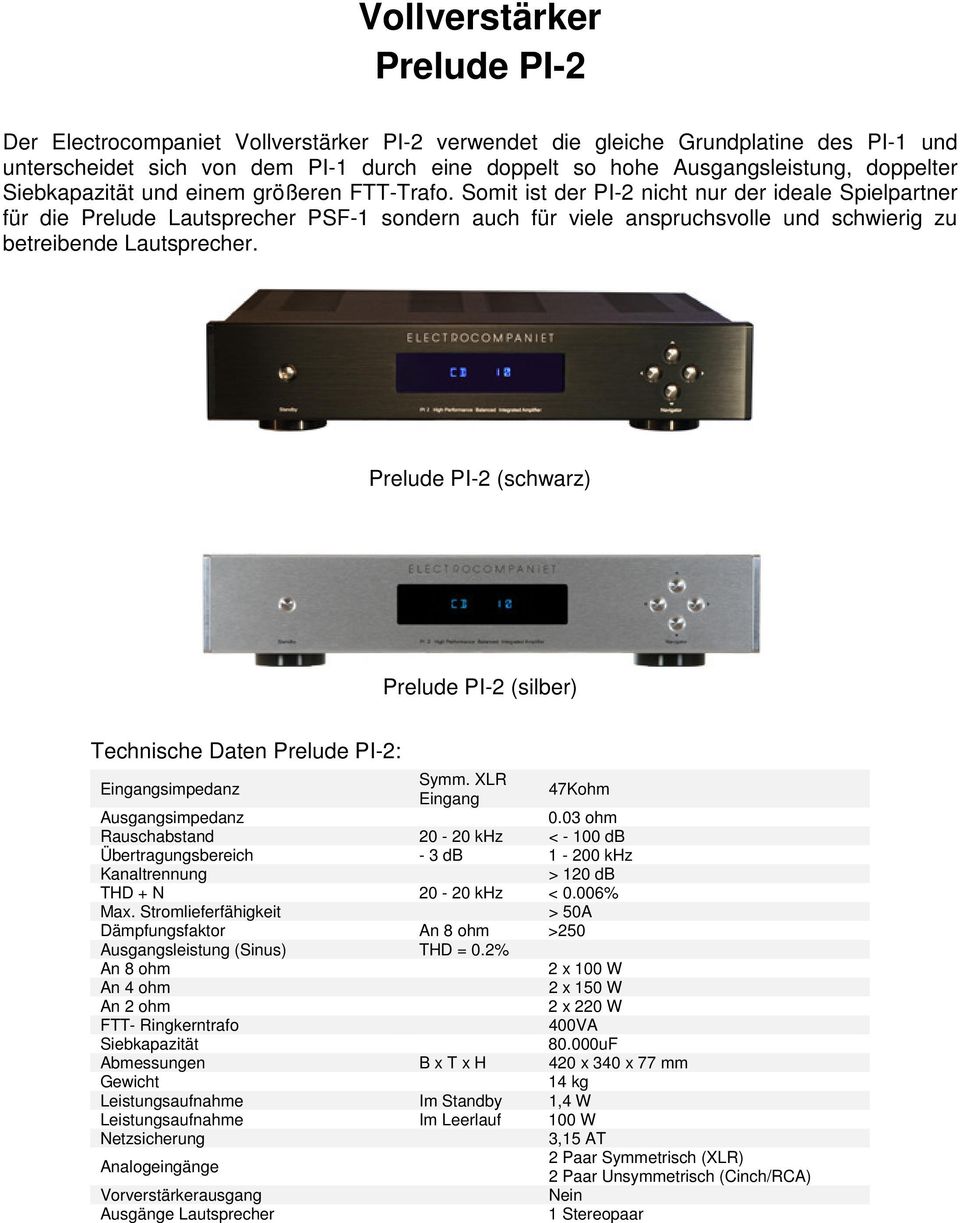 Somit ist der PI-2 nicht nur der ideale Spielpartner für die Prelude Lautsprecher PSF-1 sondern auch für viele anspruchsvolle und schwierig zu betreibende Lautsprecher.
