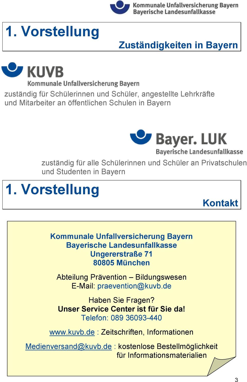 Vorstellung Kontakt Kommunale Unfallversicherung Bayern Bayerische Landesunfallkasse Ungererstraße 71 80805 München Abteilung Prävention Bildungswesen