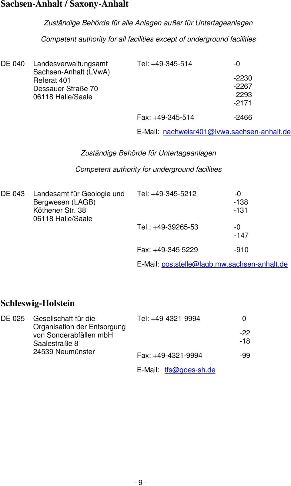 de Zuständige Behörde für Untertageanlagen Competent authority for underground facilities DE 043 Landesamt für Geologie und Bergwesen (LAGB) Köthener Str.