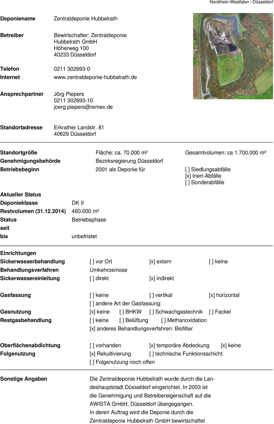 000 m³ Betriebsbeginn 2001 als Deponie für [ ] Siedlungsabfälle Aktueller DK II Restvolumen (31.12.2014) 460.