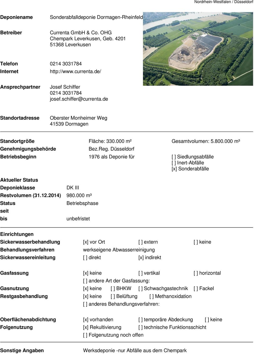 Düsseldorf Betriebsbeginn 1976 als Deponie für [ ] Siedlungsabfälle [ ] Inert-Abfälle [x] Sonderabfälle Aktueller DK III Restvolumen (31.12.2014) 980.