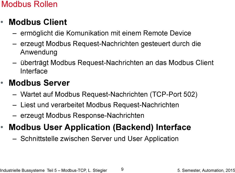 (TCP-Port 502) Liest und verarbeitet Modbus Request-Nachrichten erzeugt Modbus Response-Nachrichten Modbus User Application (Backend)