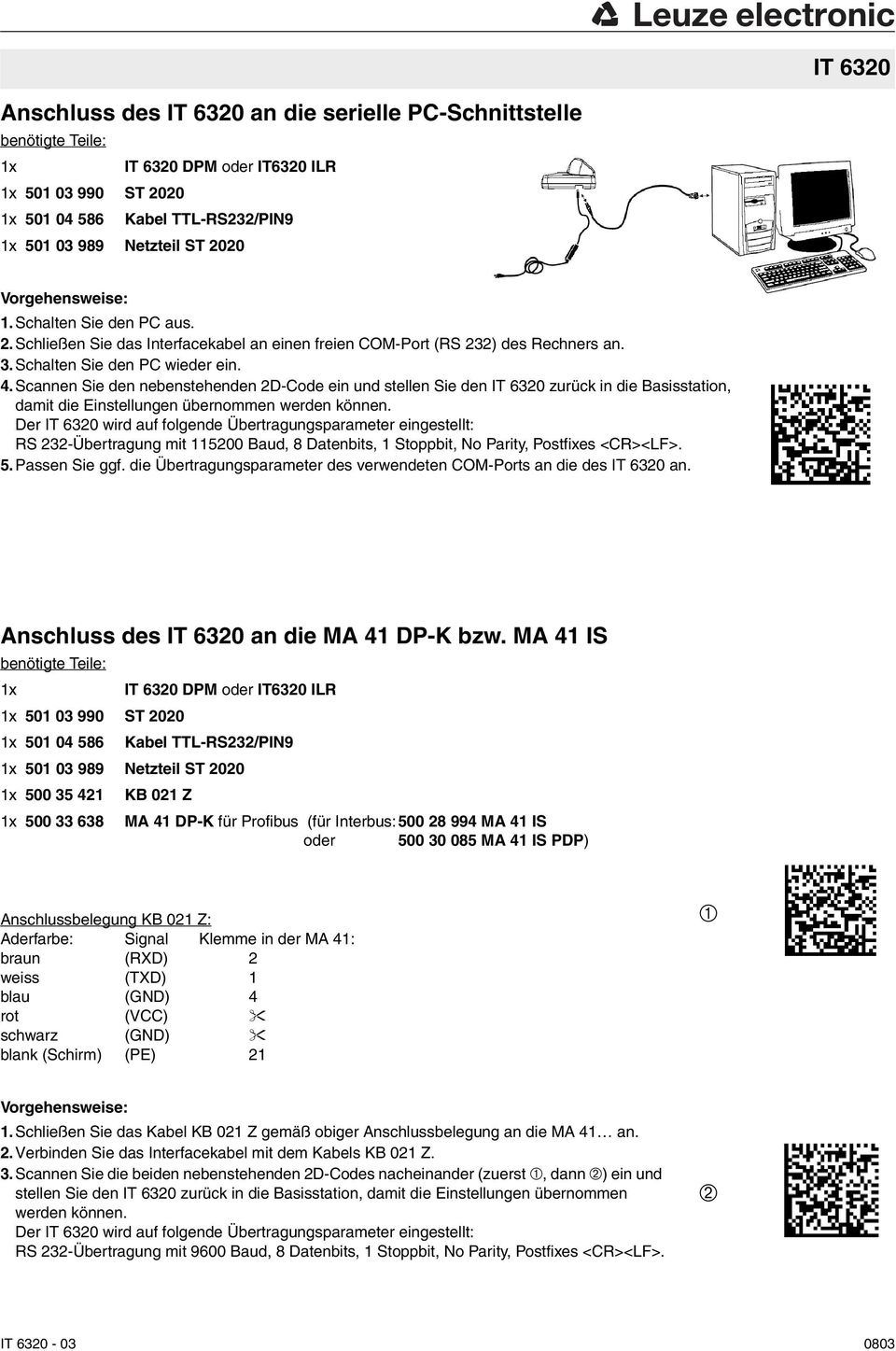 Scannen Sie den nebenstehenden 2D-Code ein und stellen Sie den IT 6320 zurück in die Basisstation, damit die Einstellungen übernommen Der IT 6320 wird auf folgende Übertragungsparameter eingestellt: