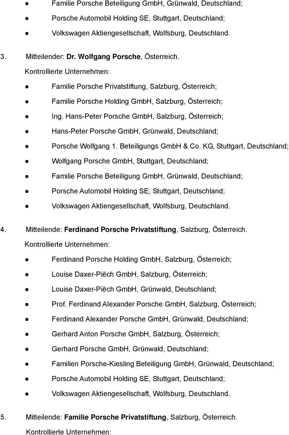 KG, Stuttgart, Deutschland; Wolfgang Porsche GmbH, Stuttgart, Deutschland; 4. Mitteilende: Ferdinand Porsche Privatstiftung, Salzburg, Österreich.