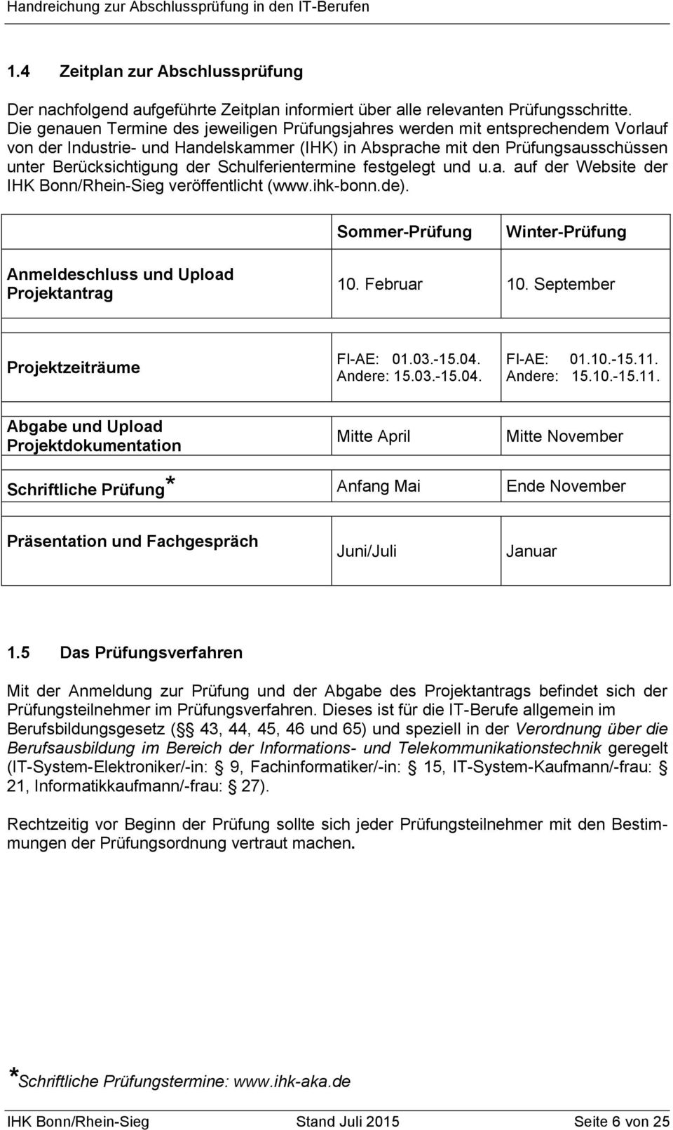 Schulferientermine festgelegt und u.a. auf der Website der IHK Bonn/Rhein-Sieg veröffentlicht (www.ihk-bonn.de). Sommer-Prüfung Winter-Prüfung Anmeldeschluss und Upload Projektantrag 10. Februar 10.