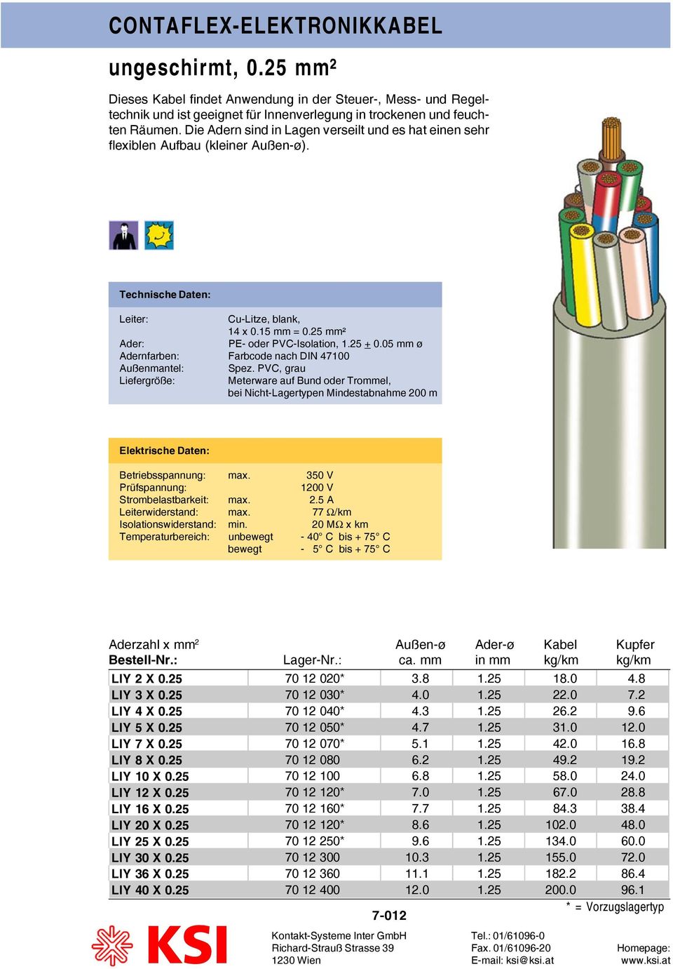 05 mm ø Adernfarben: Farbcode nach DIN 47100 Außenmantel: Spez. PVC, grau Liefergröße: Meterware auf Bund oder Trommel, bei Nicht-Lagertypen Mindestabnahme 200 m Betriebsspannung: max.