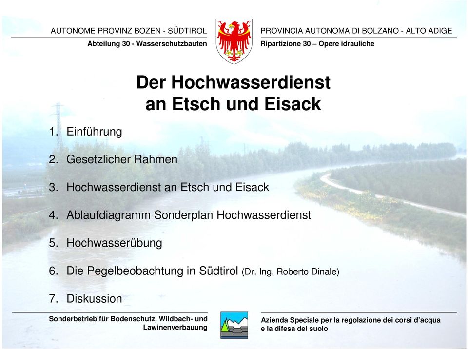 Ablaufdiagramm Sonderplan Hochwasserdienst 5. Hochwasserübung 6. Die Pegelbeobachtung in Südtirol (Dr. Ing.