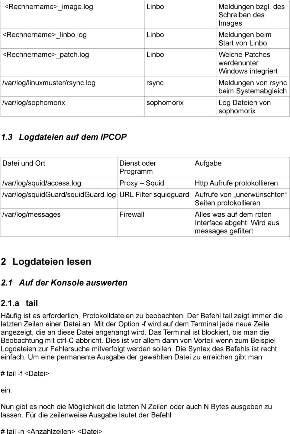 3 Logdateien auf dem IPCOP Datei und Ort Dienst oder Programm Aufgabe /var/log/squid/access.log Proxy Squid Http Aufrufe protokollieren /var/log/squidguard/squidguard.