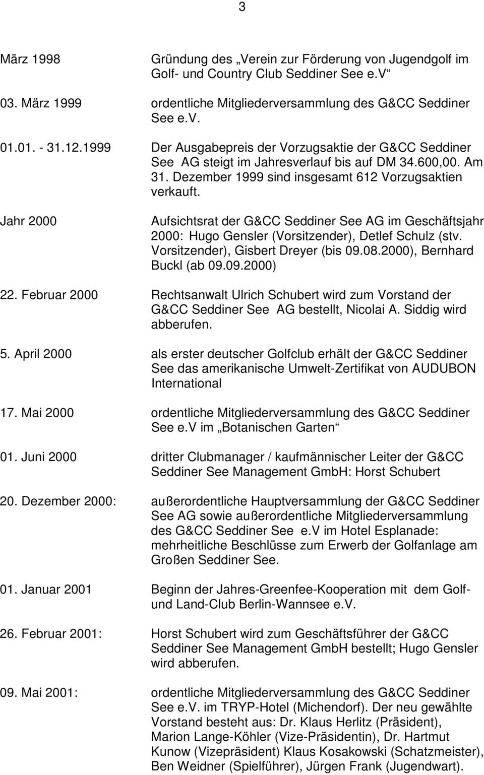 Jahr 2000 Aufsichtsrat der G&CC Seddiner See AG im Geschäftsjahr 2000: Hugo Gensler (Vorsitzender), Detlef Schulz (stv. Vorsitzender), Gisbert Dreyer (bis 09.08.2000), Bernhard Buckl (ab 09.09.2000) 22.