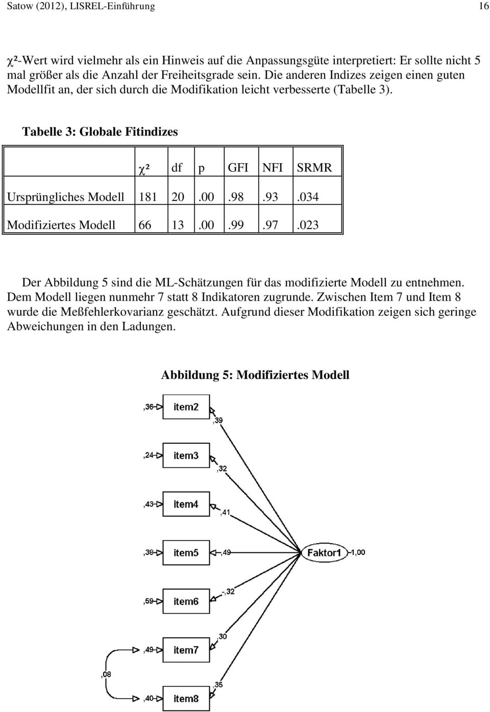 Tabelle 3: Globale Fitindizes ² df p GFI NFI SRMR Ursprüngliches Modell 181 20.00.98.93.034 Modifiziertes Modell 66 13.00.99.97.