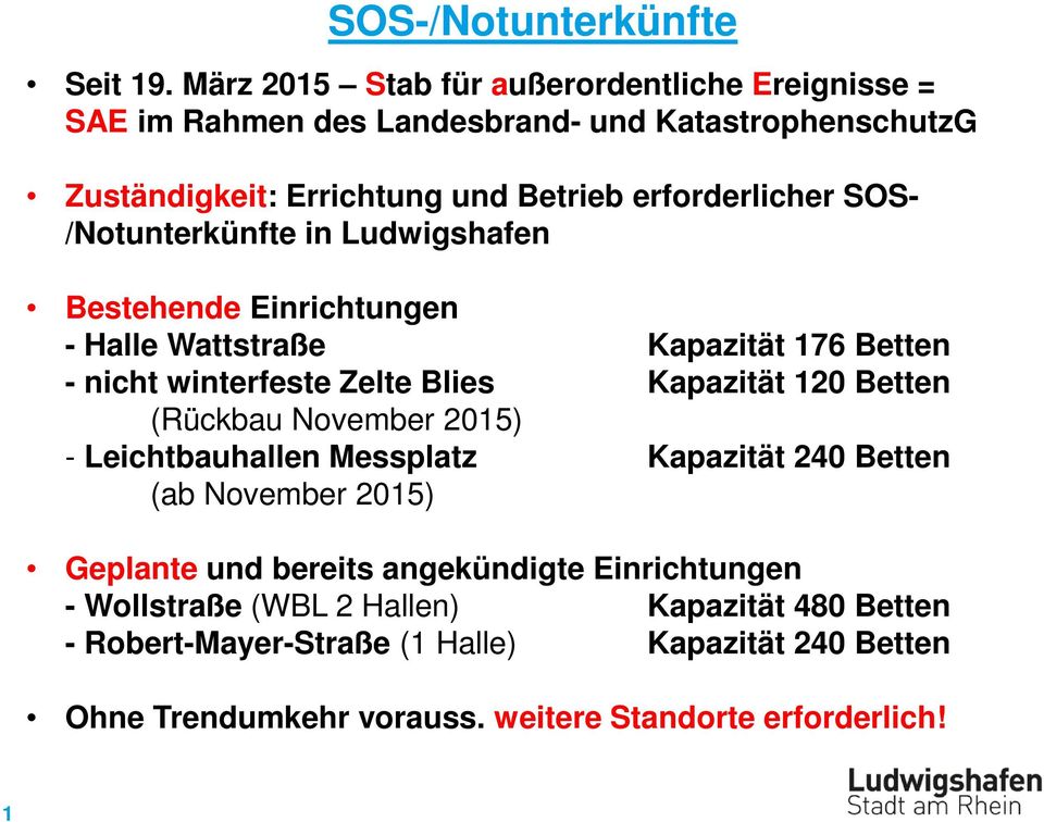 SOS- /Notunterkünfte in Ludwigshafen Bestehende Einrichtungen - Halle Wattstraße Kapazität 176 Betten - nicht winterfeste Zelte Blies Kapazität 120 Betten