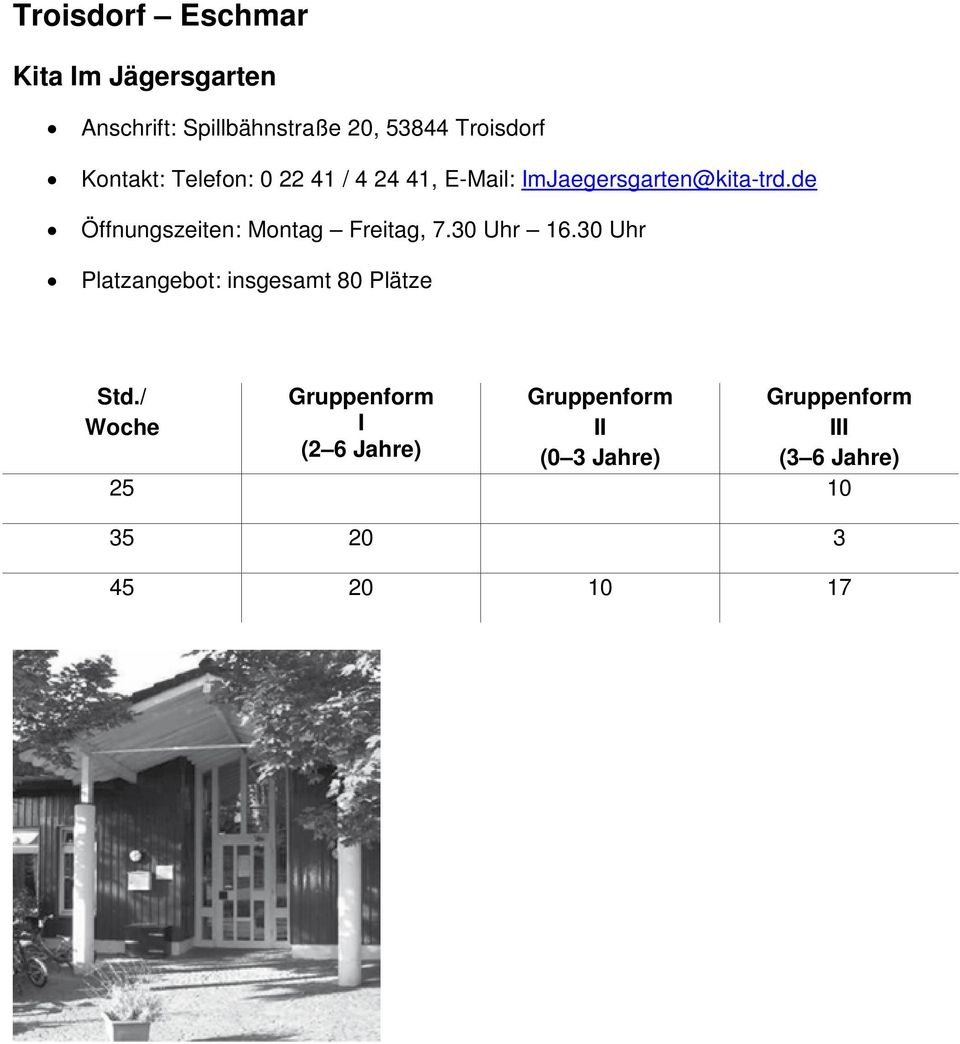 mjaegersgarten@kita-trd.de Öffnungszeiten: Montag Freitag, 7.