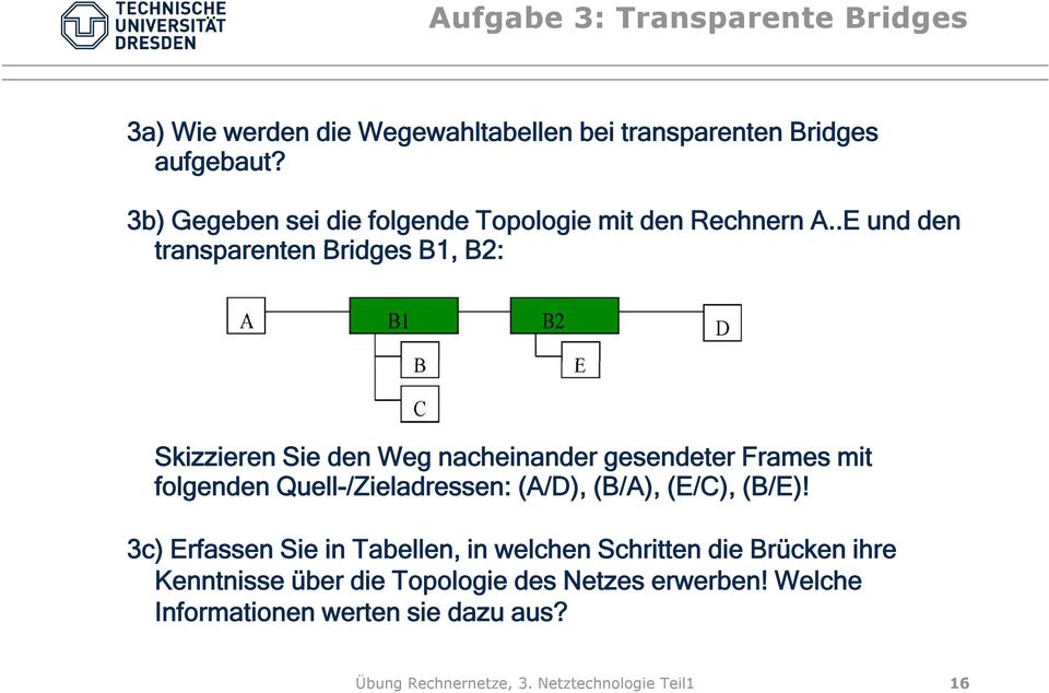 .E und den transparenten Bridges B1, B2: Skizzieren Sie den Weg nacheinander gesendeter Frames mit folgenden Quell-/Zieladressen: