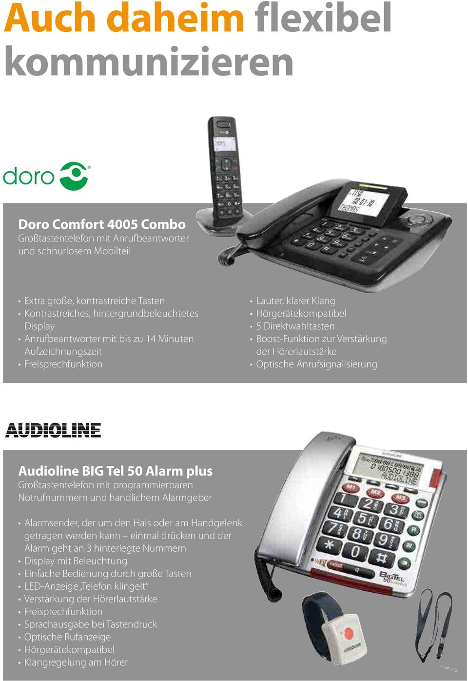 Optische Anrufsignalisierung Audioline BIG Tel 50 Alarm plus Großtastentelefon mit programmierbaren Notrufnummern und handlichem Alarmgeber Alarmsender, der um den Hals oder am Handgelenk getragen