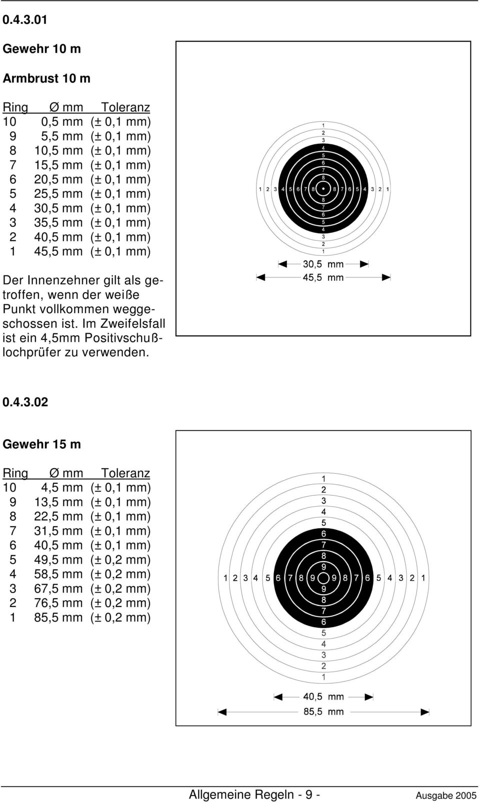 30,5 mm (± 0,1 mm) 3 35,5 mm (± 0,1 mm) 2 40,5 mm (± 0,1 mm) 1 45,5 mm (± 0,1 mm) Der Innenzehner gilt als getroffen, wenn der weiße Punkt vollkommen weggeschossen ist.